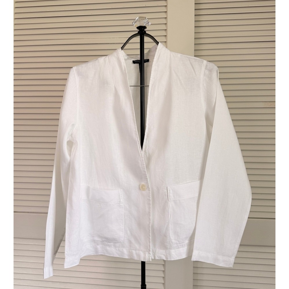Eileen Fisher White 100% Organic Linen Single Button Blazer Jacket Petite Small